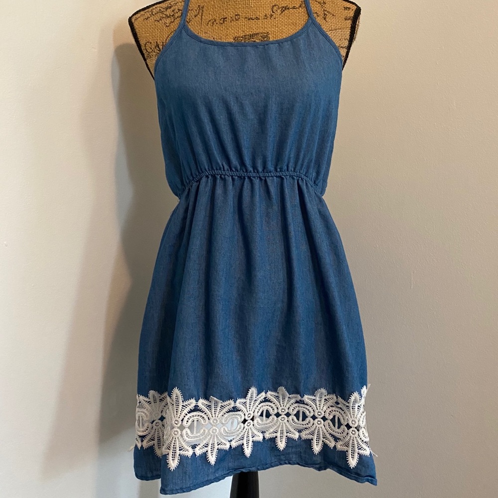 Chambray Dress with White Lace Detailing